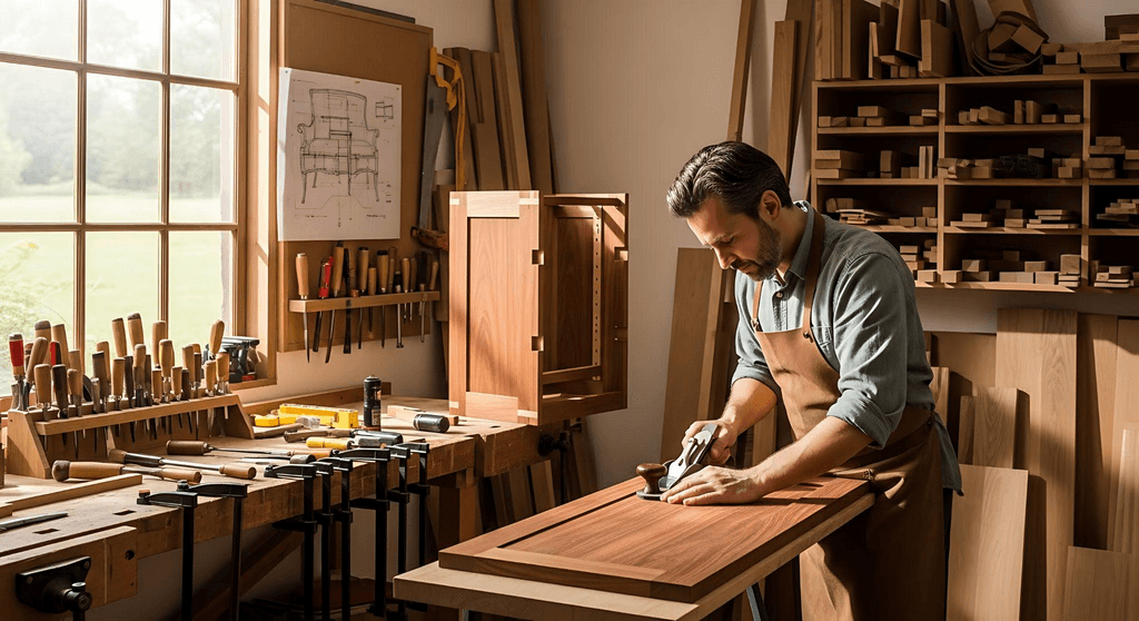 Carpenter fitting a cabinet door